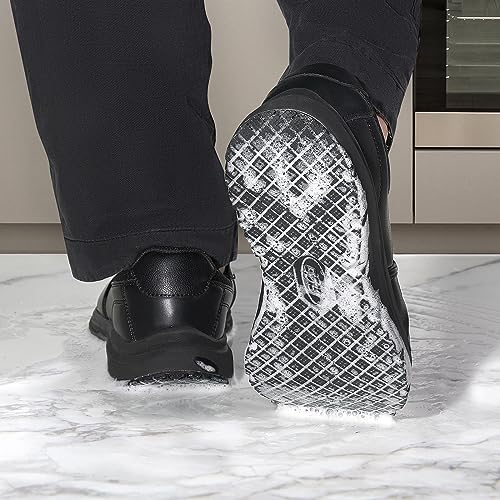 HISEA Non Slip Work Shoes for Men, Water & Oil Resistant Leather Slip on Kitchen Shoes, Comfortable Mens Slip Resistant Chef Shoes for Restaurant Food Service, Lightweight Walking Shoes, Black
