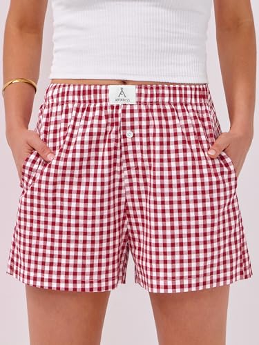 ANRABESS Boxer Shorts for Women Gingham Pajama 2026 Summer Casual Lounge Sleep Plaid Shorts Y2K Beach Bottoms Red White Plaid Medium
