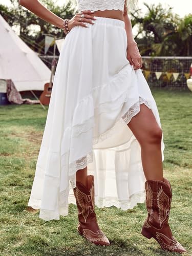 Verdusa Women's Western Boho Lace Ruffle Skirt Asymmetrical Country Cowgirl Skirts White X-Small