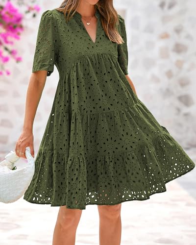 Easter Dress Women - BTFBM Womens Boho Summer Dresses 2025 Resort V Neck Short Sleeve Hollow Out Lace Ruffle Casual Beach Mini Vacation Dress