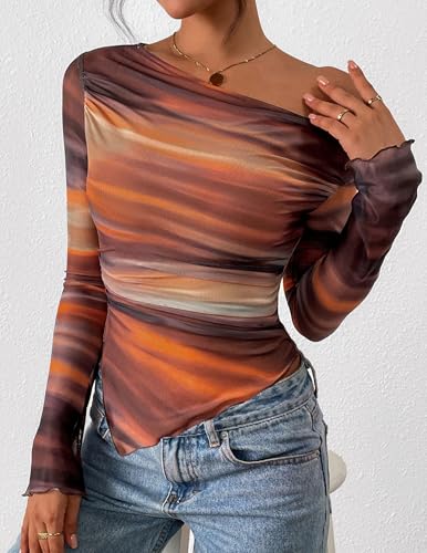 PRETTYGARDEN Womens Fall Trendy Off Shoulder Y2k Tops 2026 Tie Dye Mesh Long Sleeve Shirts Asymmetrical Ruched Floral Blouse (Floral Brown,Medium)
