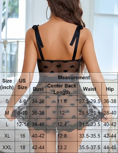 Avidlove Sexy Lingerie for Women Heart Bow Tie Mesh Babydoll Lingerie Lace Chemise Sleepwear with Belt(Black,L)