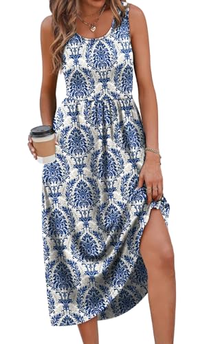WIHOLL Summer Dresses for Women 2025 2026 Sleeveless Flowy Cute Casual Midi Dresses for Women Spring Dress Sundresses for Women Hawaiian Maxi Dress Blue Damask Print L