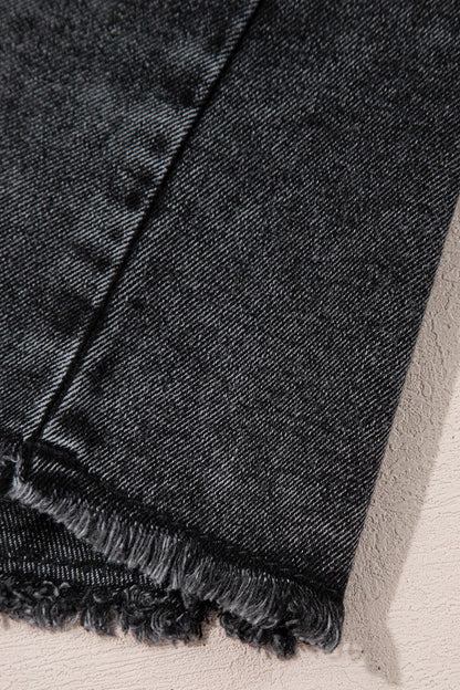 Short Sleeve Flap Pocket Button Up Raw Hem Denim Shirt