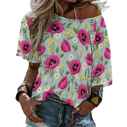Off Shoulder Mid Sleeve Tee Relaxed Fit Soft Women's Top Streetwear Fashion Spring Poppy Daisy Blue Floral Pattern 5XL