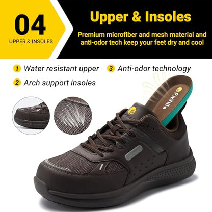 FitVille Extra Wide Steel Toe Shoes for Men, Composite Toe Work Shoes for Men, Water Resistant, Slip Resistant, Leather, Brown, 13 X-Wide