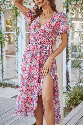 PRETTYGARDEN Women's Summer Floral Boho Dress Wrap V Neck Short Sleeve Ruffle A-Line Flowy Maxi Wedding Guest Dresses (Pink Floral,Large)