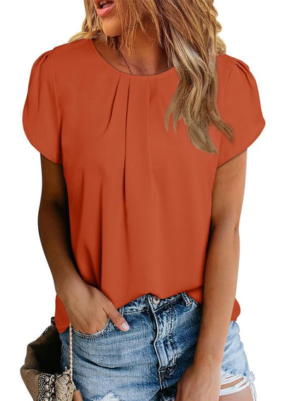 Polyester Blouses - Women's Chiffon Blouse Short Sleeve Pleated Top with Keyhole Back Detail