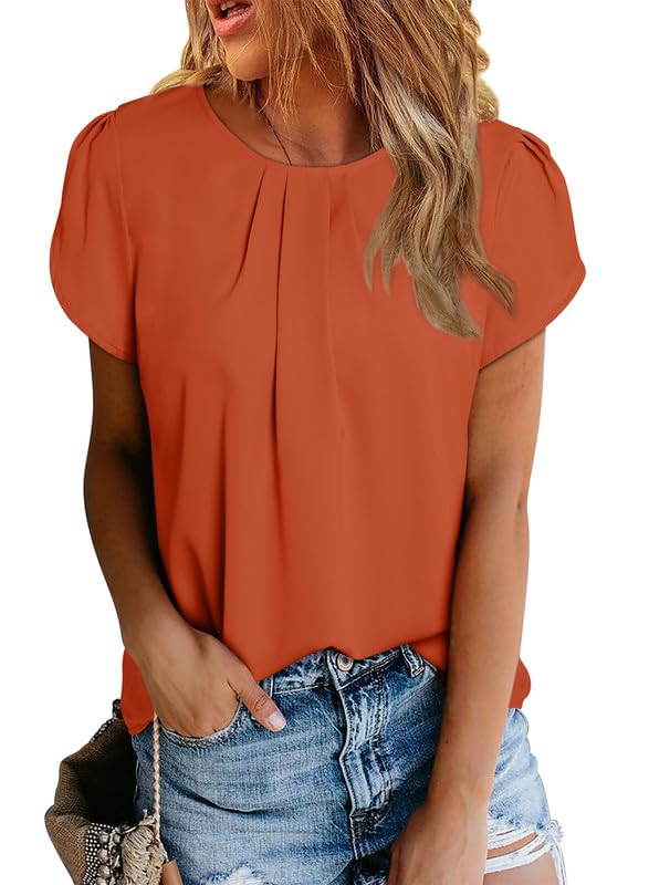 Polyester Blouses - Women's Chiffon Blouse Short Sleeve Pleated Top with Keyhole Back Detail