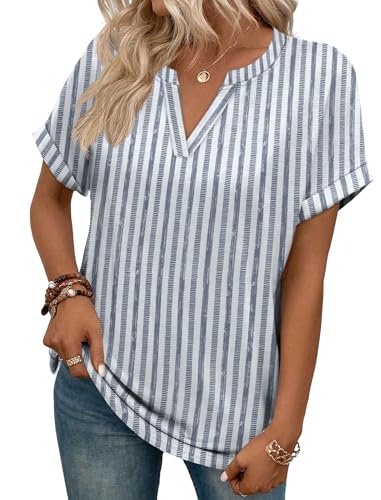 WIHOLL Womens Boho Tops 2026 Summer Short Sleeve Tshirts Shirts Spring Dressy Casual Blouses Airport Trendy Outfits L Blue Stripe