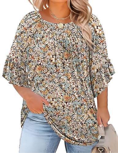 Women's Plus-Size Fashion 2025 Trendy Womens 3/4 Sleeve Tops and Blouses Ruffle Bell Sleeve Pleated Dressy Casual Tops
