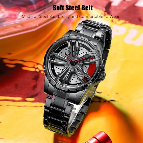 RORIOS Car Hub Design Watch Men’s Analogue Quartz Watches 3ATM Waterproof Wrist Watch Fashion Cool Watch for Men with Stainless Steel Strap