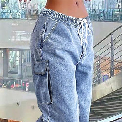 AprPith Mid Rise Cargo Jeans Women Elastic Waist Stretch Wide Leg Denim Pants with Pockets Baggy Streetwear Pants y2k Light Blue
