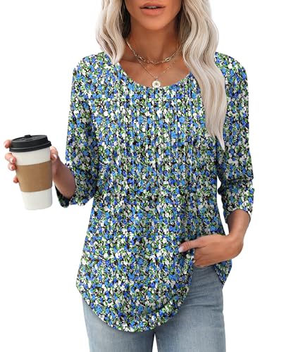 XIEERDUO Womens Tops Dressy Casual Summer 3/4 Length Sleeve Tops Women Blouses Early Spring Fashion Clothing Outfits 2026 Beach Vacation Spring Clothes F-Blue Floral XL