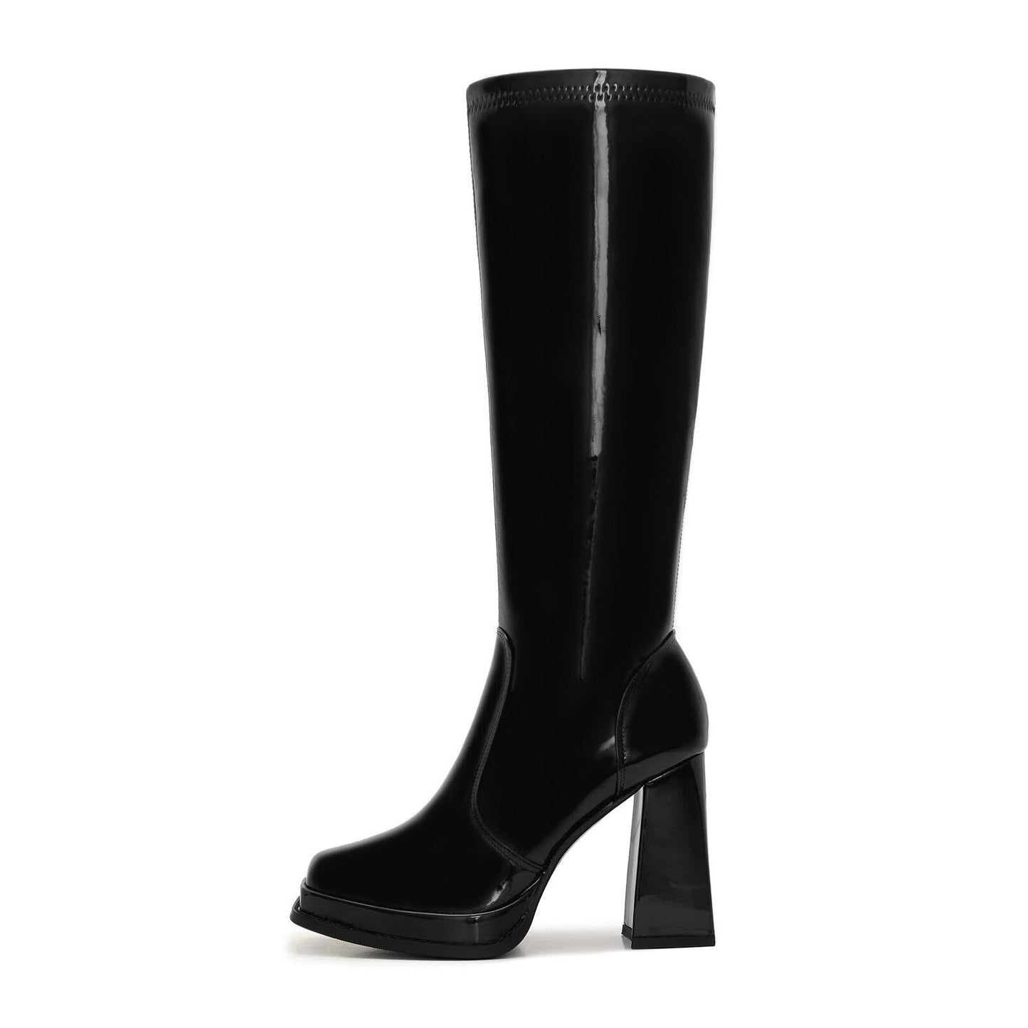 ZXHYZLZ Black Wide Calf 70s Gogo Boots for Women Plus Size – Tall Knee High Square Toe Chunky Heel Retro Boots Size 9W