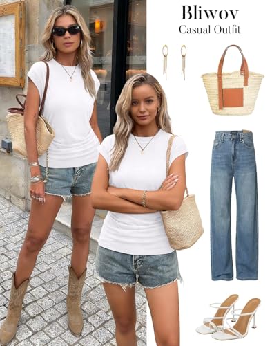 Bliwov Womens Summer Tops Cap Sleeve Crew Neck T Shirts Spring Trendy Fashion Outfits Business Beach Vacation Blouses Clothes White