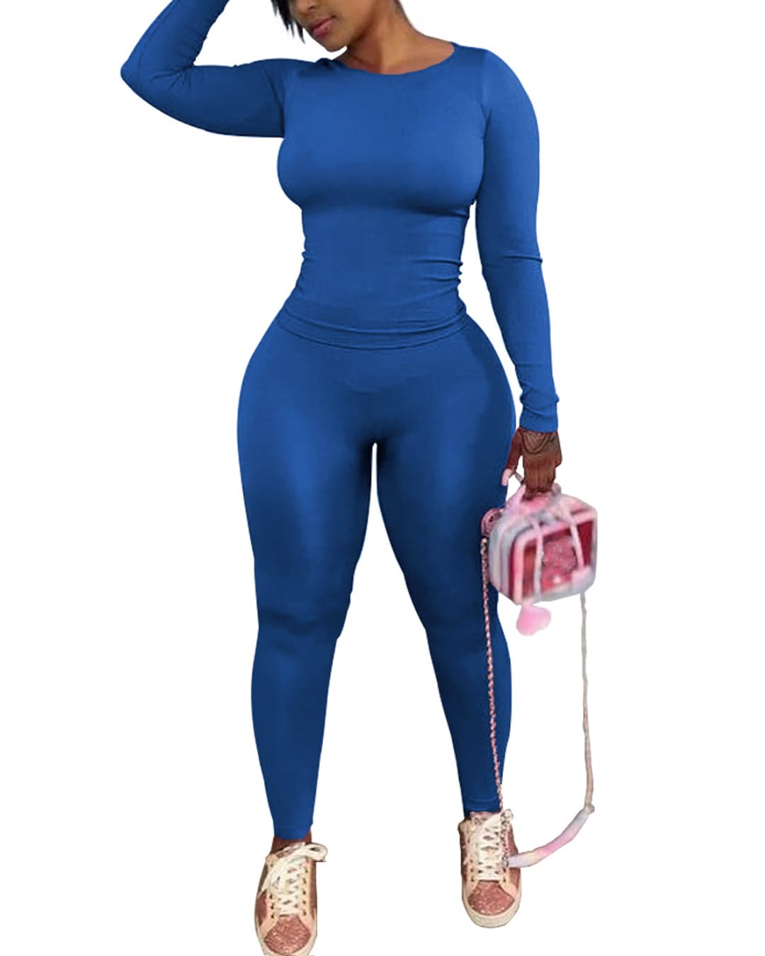 Chrome Heart Leggings - 2 Piece Tracksuit for Women - Long Sleeve Top & Jogger Leggings Workout Set Blue B