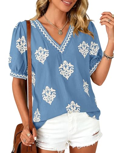 BTFBM Casual Summer T Shirts Going Out Tops for Women Beach Vacation Clothes Short Sleeve Blouses V Neck Boho Tunicss(Light Blue Apricot Flower,Large)