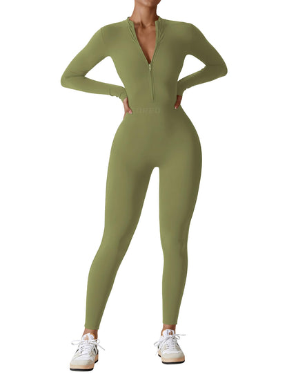 Women's Long Sleeve Workout Jumpsuit - Zip Up Bodycon Romper One Piece Matcha