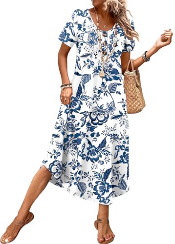 OFEEFAN Summer Dresses for Women 2026 Casual Elegant Beach Vacation Outfits Resort Wear Midi Maxi Spring Dresses Blue Floral Dress Fashion Clothing XL