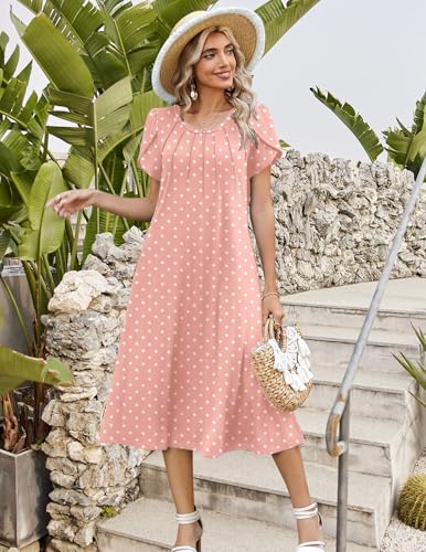 Zeagoo Womens Plus Size Long Dress Floral Sundress for Women Polka Dot Dress Modest Summer Dresses Loose Fit A Line Dresses, Pink Dot 2XL