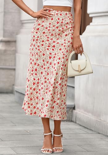 BTFBM Satin Skirts for Women Trendy Summer 2025 High Waisted A-Line Leopard Print Cocktail Wedding Long Silk Midi Skirt(Floral Apricot Red, Small)