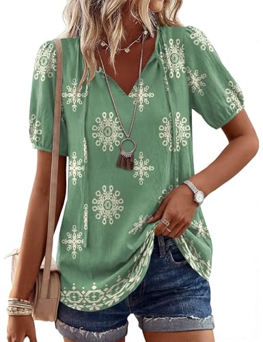 LOMON Boho Tops for Women Summer Peasant Blouses St Patrick's Day Shirt Cotton Linen Outfit Beach Vacation Clothes (Light Green Floral,XL)