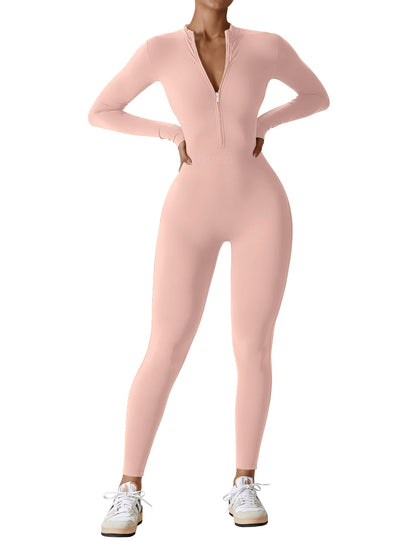 Women's Long Sleeve Workout Jumpsuit - Zip Up Bodycon Romper One Piece Pink