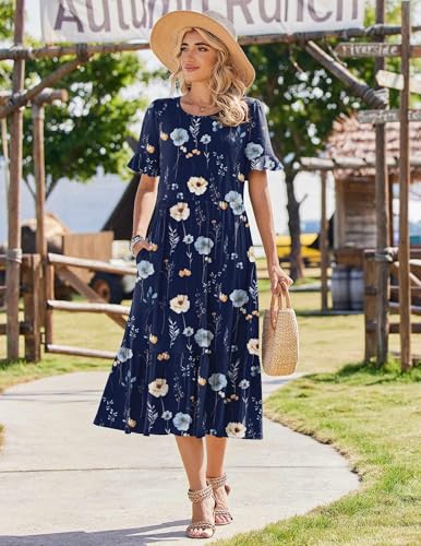 Zeagoo Womens Midi Dresses Spring 2026 Casual Summer Dress Floral Long Dress Ladies Tiered Summer Dresses with Pockets, Navy Floral 01,XL