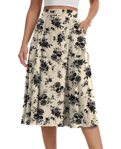 Kinnette Women's Midi Flowy Skirts Summer A-Line High Waisted Casual Below-The-Knee Skirt with Pockets (Black Flower Light Beige, M)