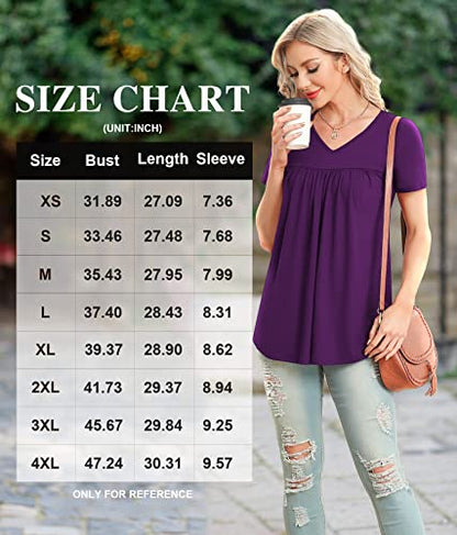 LAOLASI V Neck Short Sleeve Summer Soft Tops Shirt Hide Belly Daily Shirt Loose Plus Size Tunic Fashion Blouse,Purple,XXL