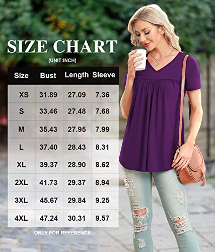 LAOLASI V Neck Short Sleeve Summer Soft Tops Shirt Hide Belly Daily Shirt Loose Plus Size Tunic Fashion Blouse,Purple,XXL