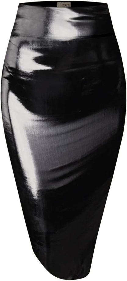 Women's High Waist Pencil Skirt - Premium Stretch Ponte Business Professional Below Knee Shiny Black