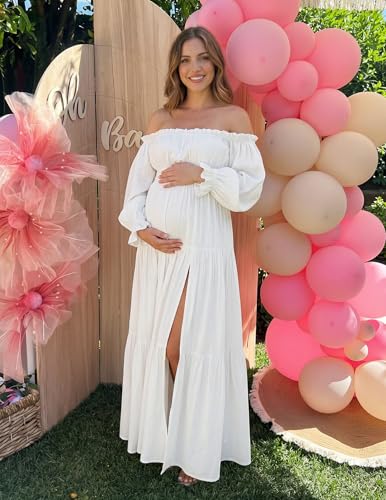 ZESICA Women's Boho Off Shoulder Spring Long Sleeve Dress 2026 High Waist Side Split Sexy Flowy A Line Long Maxi Dresses White Medium