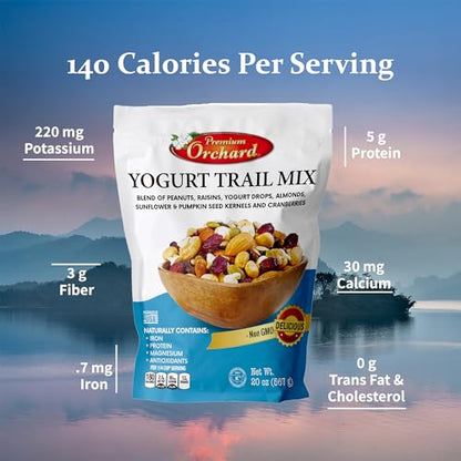 YOGURT TRAIL MIX BY PREMIUM ORCHARD - Seeds, Yogurt, Fruit and Nuts Mix - Trail Mix Bulk Blend of Mixed Nuts & Dried Fruit - Healthy Snacks, High Plant Protein, Non-GMO, 20z