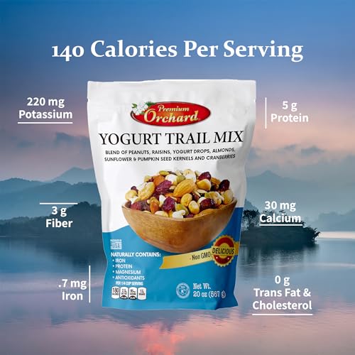 YOGURT TRAIL MIX BY PREMIUM ORCHARD - Seeds, Yogurt, Fruit and Nuts Mix - Trail Mix Bulk Blend of Mixed Nuts & Dried Fruit - Healthy Snacks, High Plant Protein, Non-GMO, 20z