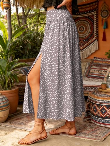 ANRABESS Women's Maxi Skirts, Soft Flowy Boho Floral, Long Casual Side Slit Skirt, Perfect for Beach, Vacation & Summer Gray Khaki Polka Dot Medium