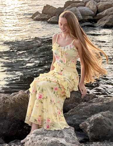 MEROKEETY Summer Floral Wedding Guest Maxi Dress Womens 2026 Spring Formal Bodycon Ruffle Spaghetti Strap Cocktail Long Dress, Yellow, X-Small