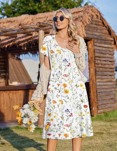 Zeagoo Womens Midi Dresses with Pockets Short Sleeve Dress for Women Long Summer Dresses 2026 Travel Floral Sundress White XL