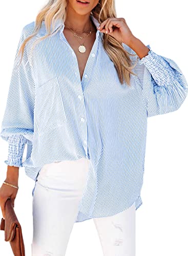 Women's Plus Size Smocked Cuffed Striped Boyfriend Shirt Casual Collar Long Sleeve Blouse Tops for Pocket Shirred Blue