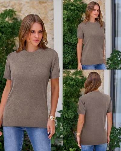 Arach&Cloz Women's Fashion Fall Spring Tops Vacation Cruise Outfits Summer Short Sleeve Sweaters Blouse Teacher Easter Clothing Business Casual Dressy Trendy 2026 (Coffee,M)