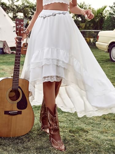 Verdusa Women's Western Boho Lace Ruffle Skirt Asymmetrical Country Cowgirl Skirts White X-Small