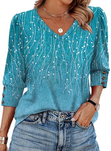 XIEERDUO Blouses for Women Dressy Casual Fall Clothes Fashion Clothing School Outfits for Teachers 2026 Womens 3/4 Length Sleeve Tops Business F-Blue Dotted Lines XL