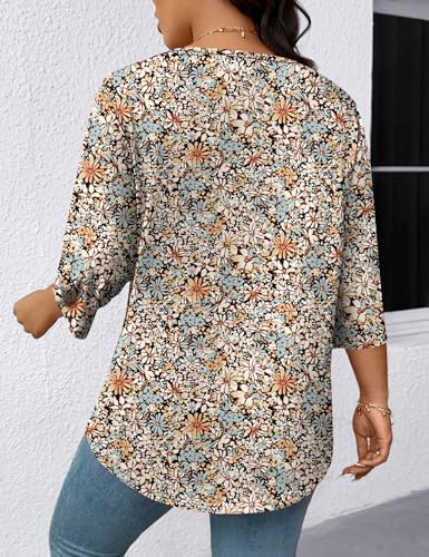 LOMON Spring Tops for Women 2026 Spring Fashion Boho Plus Size Womens Tops Elbow Sleeve Women Crew Neck Womens Fall Spring Summer Fashion 2026 Floral Boho 2X