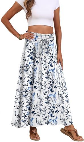 Askyes Long Skirts for Women High Waisted Casual Work Flowy Swing Long Skirts with Pockets,Water Plants,L