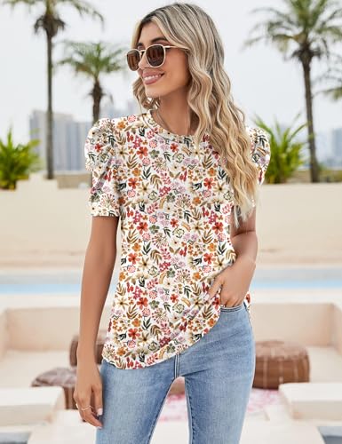 Ivicoer Womens Summer Tops 2025 Blouses for Women Dressy Casual Puff Short Sleeve T Shirt Bohemian Shirt Vacation M