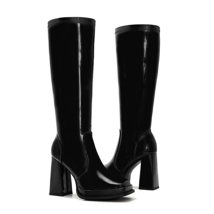 ZXHYZLZ Black Wide Calf 70s Gogo Boots for Women Plus Size – Tall Knee High Square Toe Chunky Heel Retro Boots Size 9W