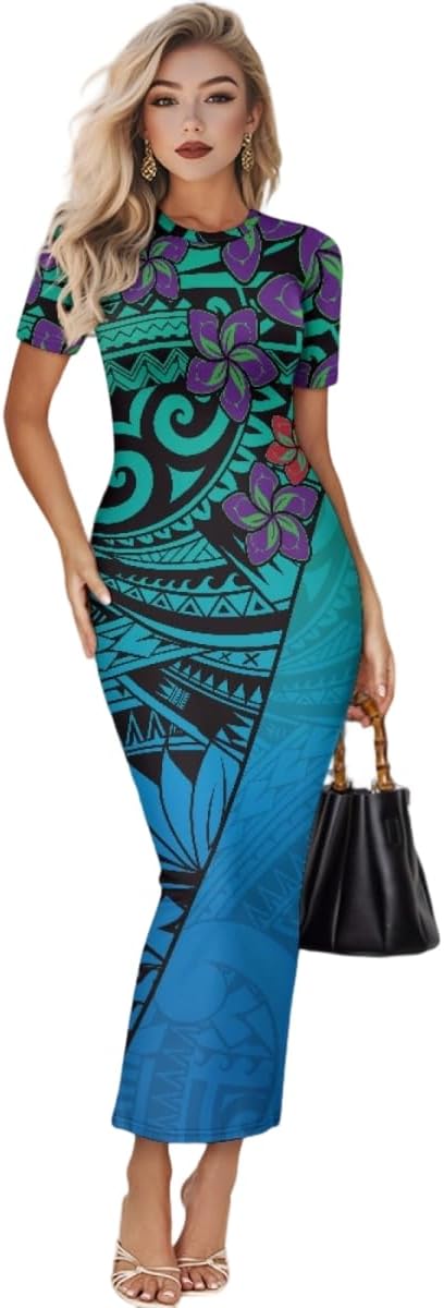 Women's Jamaican Flag Bodycon Midi Dress Short Sleeve Colorful Polynesian Dress