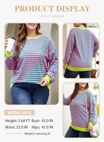Eytino Plus Size Tops for Women Crew Neck Long Sleeve Striped Color Block Sweatshirts 2026 Fall Fashion Pullover Tops Casual Loose Oversized Shirt Pink 4X