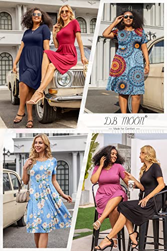DB MOON Women Casual Short Sleeve Dresses Empire Waist Knee Length Dress with Pockets (Flower Light Blue, L)